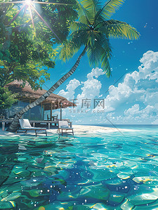 夏天沙滩海报插画图片_一个岛屿上的房子夏天插画海报