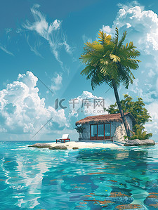 夏天沙滩海报插画图片_一个岛屿上的房子夏天插画海报