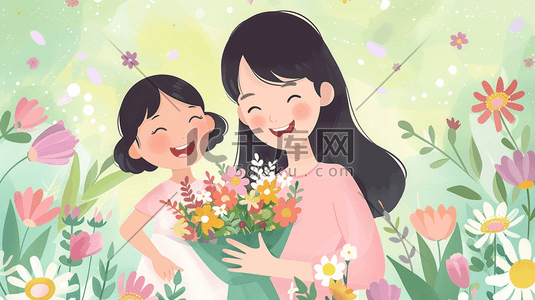 战役风采插画图片_绘制母亲节母女花朵花卉花丛的插画