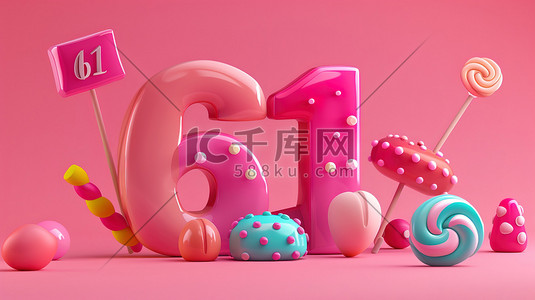 糖果数字“61”的卡通3d插画图片