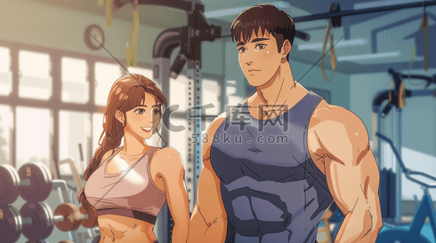 手绘卡通健身房肌肉男女的插画