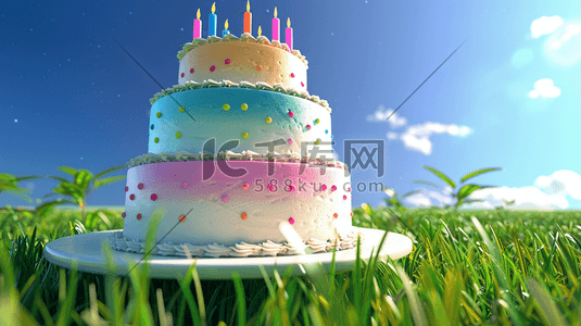 唯美绿色草坪上彩色蛋糕的插画