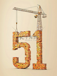 玩起重机插画图片_数字“51”是由砖块制成素材