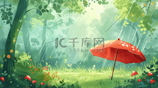 户外森林插画图片_雨季户外森林下雨雨伞的插画