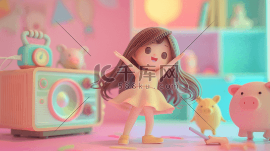木马玩具插画图片_彩色缤纷梦幻唯美卡通女孩玩具的插画