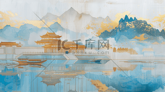 战役风采插画图片_水彩蓝色古建筑城楼山水风景的插画