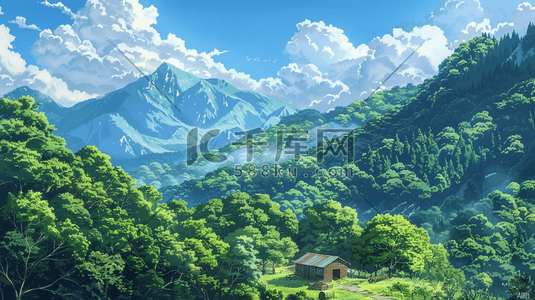 春天绿色山景山色大气树木风景的插画