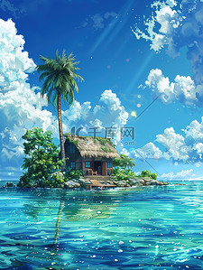 夏天沙滩海报插画图片_一个岛屿上的房子夏天插画海报