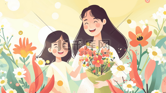 小锤子绘制插画图片_绘制母亲节母女花朵花卉花丛的插画