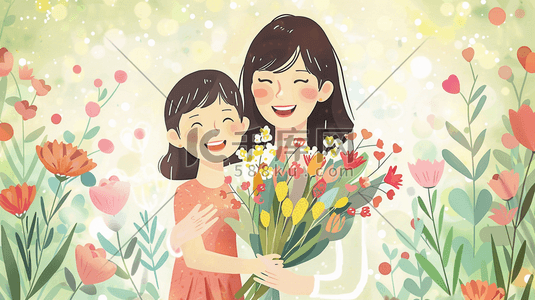 icon绘制表插画图片_绘制母亲节母女花朵花卉花丛的插画
