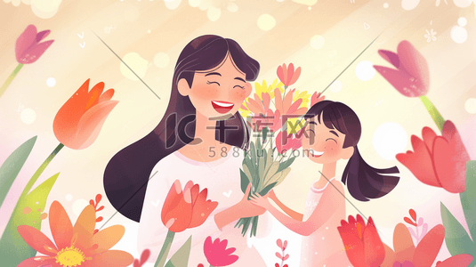 母亲节花卉插画图片_绘制母亲节母女花朵花卉花丛的插画