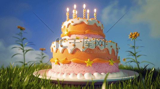 蛋糕双层插画图片_唯美绿色草坪上彩色蛋糕的插画