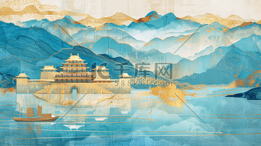 水彩蓝色古建筑城楼山水风景的插画