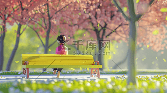 公园的长椅插画图片_粉色缤纷树木公园里长椅上人物坐着的插画