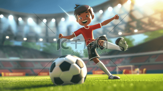 卡通男孩足球场上踢球的插画