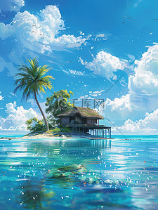 夏天矢量插画图片_一个岛屿上的房子夏天矢量插画