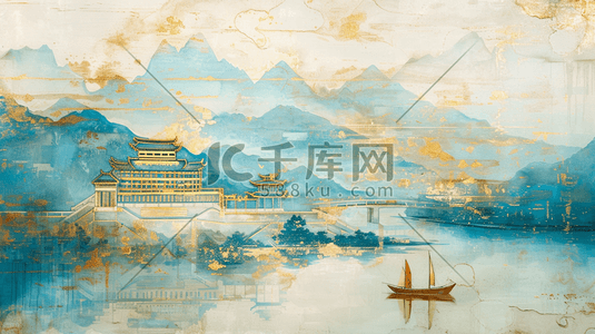 城楼插画图片_水彩蓝色古建筑城楼山水风景的插画