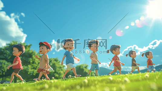 蓝天白云下户外草地上儿童牵手游玩的插画