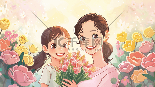 风采园地插画图片_绘制母亲节母女花朵花卉花丛的插画