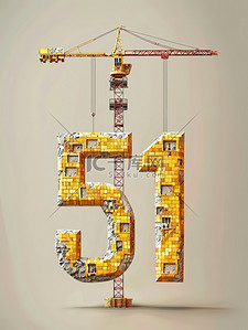 玩起重机插画图片_数字“51”是由砖块制成插画海报