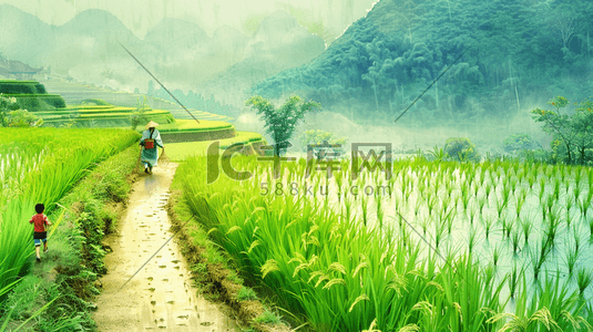 手绘绿色户外稻田老人小孩道路行走的背景插画设计