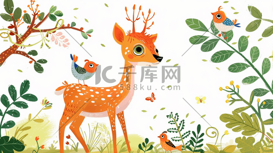 彩色风格动物插画图片_彩色手绘树叶花草梅花鹿的插画
