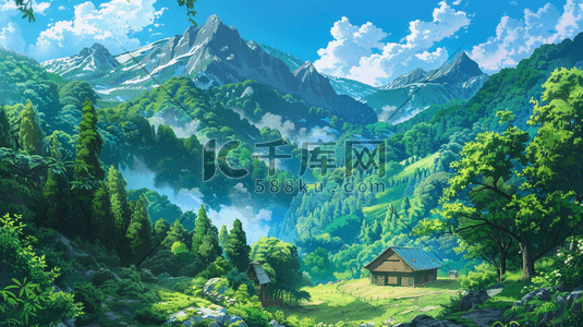 春天绿色山景山色大气树木风景的插画