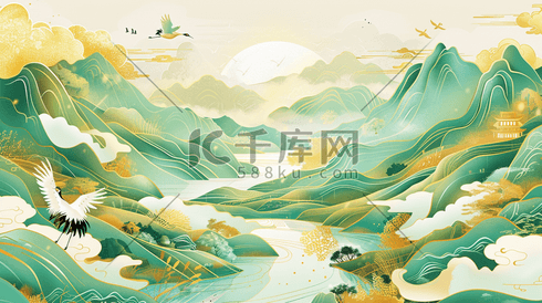 唯美中式国画艺术山水风景的插画