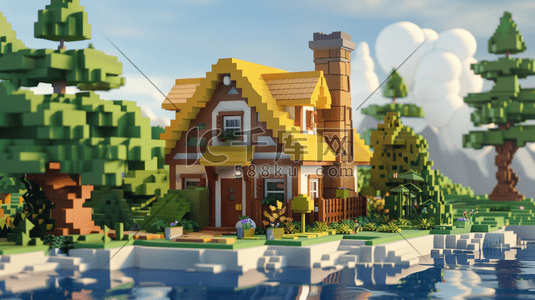 彩色2.5D立体房屋积木场景的插画
