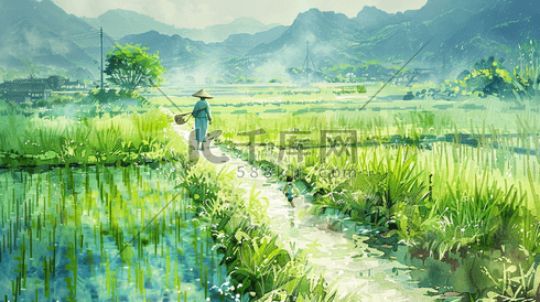 手绘绿色户外稻田老人小孩道路行走的背景插画图片