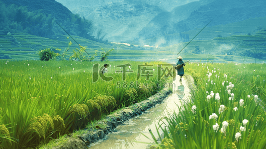 手绘绿色户外稻田老人小孩道路行走的背景插画素材