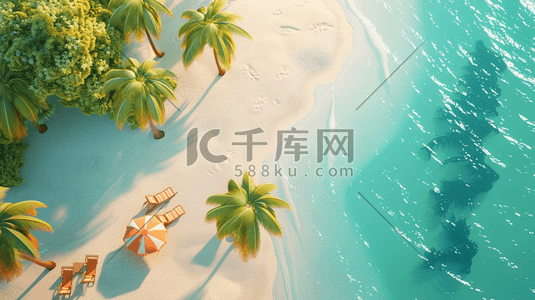 海浪沙滩插画图片_唯美大海海水海浪沙滩树木的插画