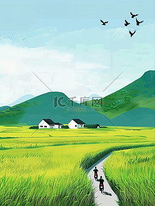 自由设计插画图片_绿色的稻田田野上骑行插画设计