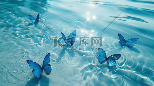 透明丝绸插画图片_水边蓝色透明蝴蝶图片