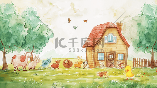 手绘绘画田园房屋农场动物牲畜的插画