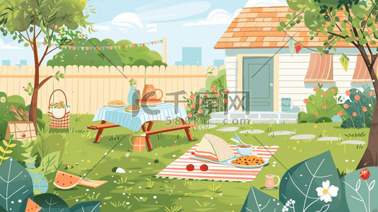 户外桌椅插画图片_唯美庭院树木草坪桌椅房屋的插画