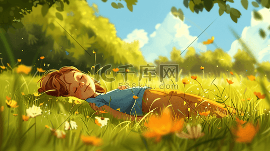 阳光草坪插画图片_蓝天白云阳光下唯美女孩躺在草坪插画