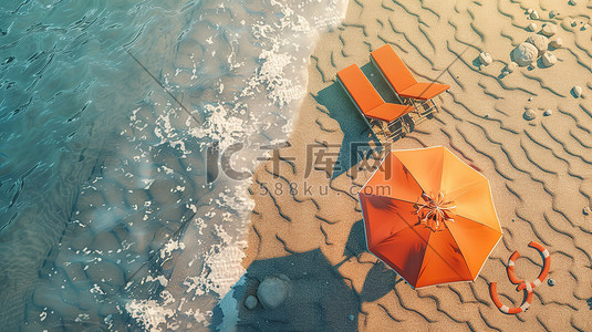 沙滩上的橙色躺椅太阳伞矢量插画