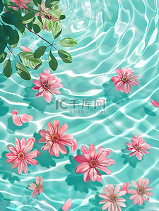 水上救生插画图片_水上飘浮粉红色的花朵素材