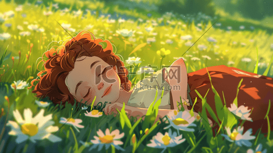 蓝天白云阳光下唯美女孩躺在草坪插画