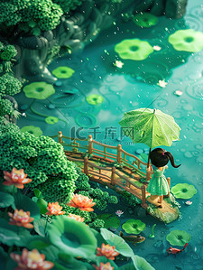 小女孩雨天欣赏荷花插画海报