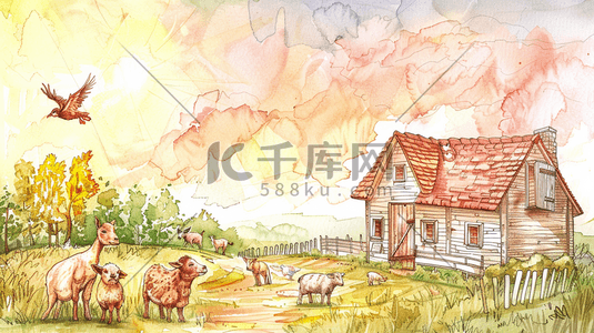 农场动物插画图片_手绘绘画田园房屋农场动物牲畜的插画
