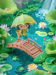 小女孩雨天欣赏荷花图片