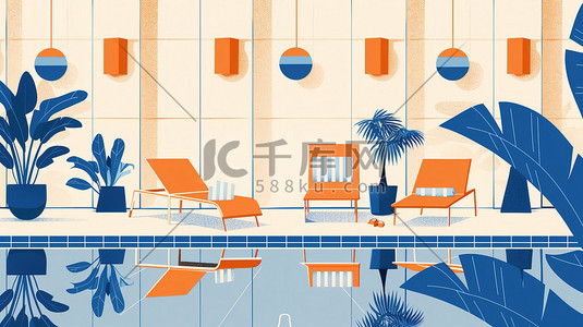 陶瓷酒店用品插画图片_酒店的泳池派对橙色和蓝色插画海报