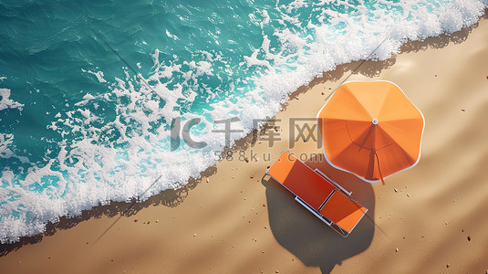 登录橙色插画图片_沙滩上的橙色躺椅太阳伞插画设计