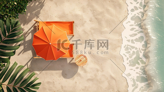 太阳伞躺椅插画图片_沙滩上的橙色躺椅太阳伞插画图片