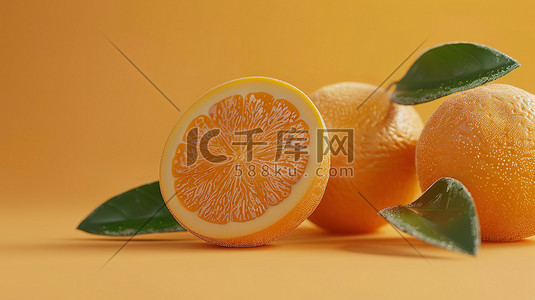 黄色的背景插画图片_新鲜的橙子水果3D插图
