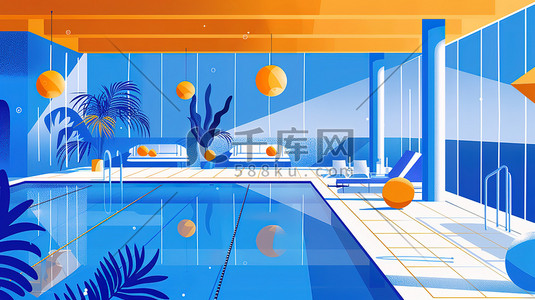 高高酒店名片插画图片_酒店的泳池派对橙色和蓝色矢量插画