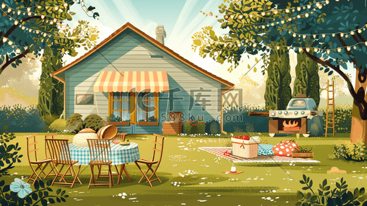 唯美庭院树木草坪桌椅房屋的插画