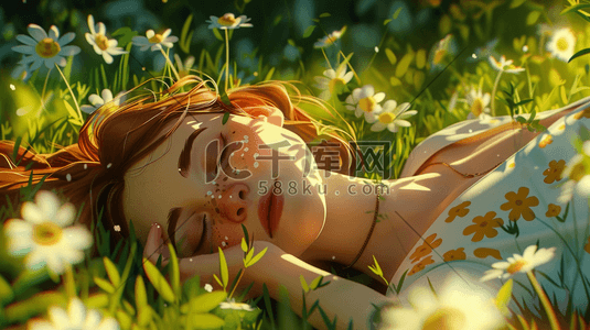 美孩插画图片_蓝天白云阳光下唯美女孩躺在草坪插画